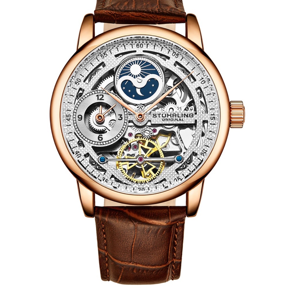 Stührling Original Skeleton Watch with Brown Leather Strap